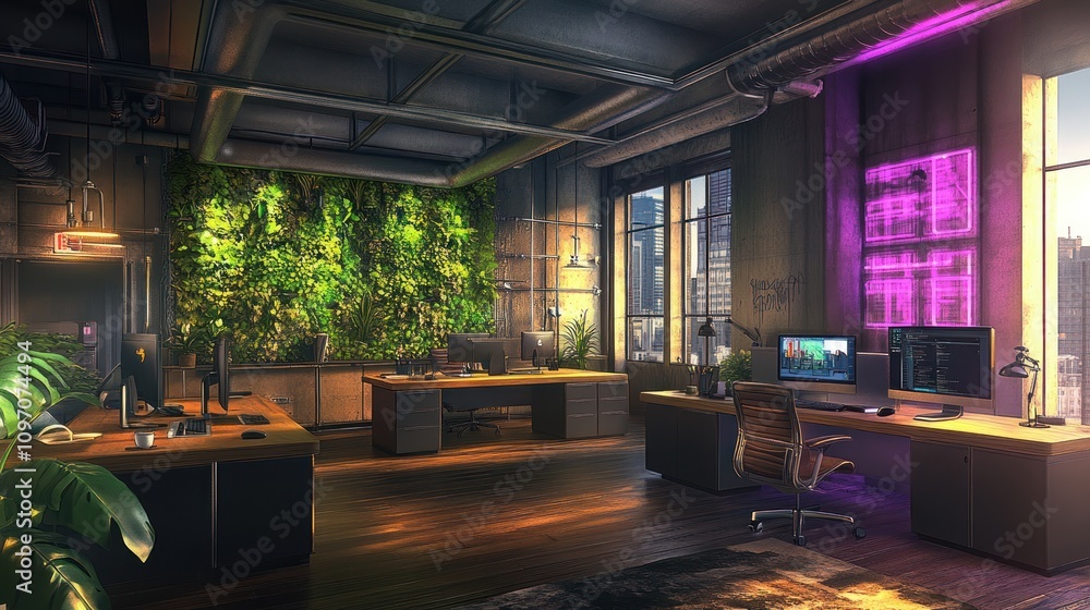 A modern office space featuring greenery and technology for a productive work environment. A modern office space featuring greenery and technology for a productive work environment.