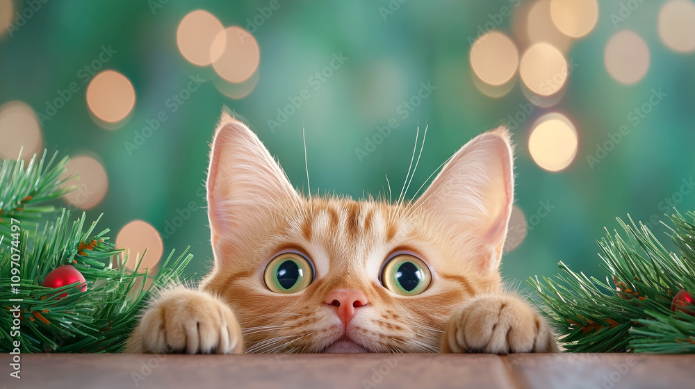 Curious orange cat peeking over a table decorated for the holiday season Curious orange cat peeking over a table decorated for the holiday season