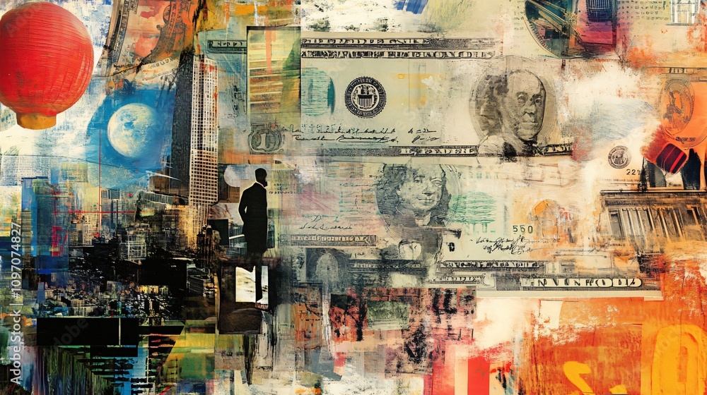 Fototapeta premium Global Business and Finance: A collage of money, cityscape silhouettes, and Earth, symbolizing international trade, economic growth, and financial markets.