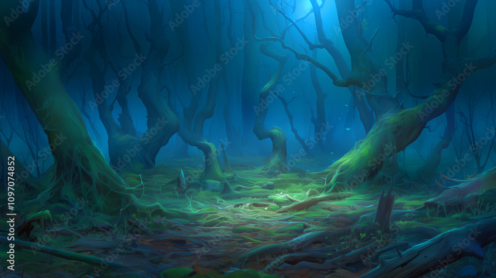 Fototapeta premium Enchanted forest with twisted trees and ethereal light during twilight hours