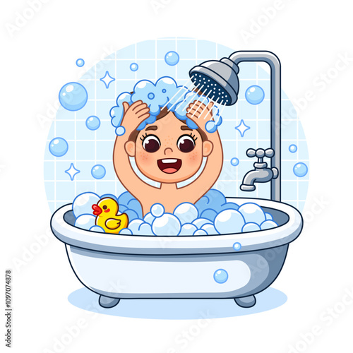 A girl is bathing in a bubble bath, a duck is swimming nearby. She is washing her hair with shampoo under the shower. Cartoon style illustration, isolated.
