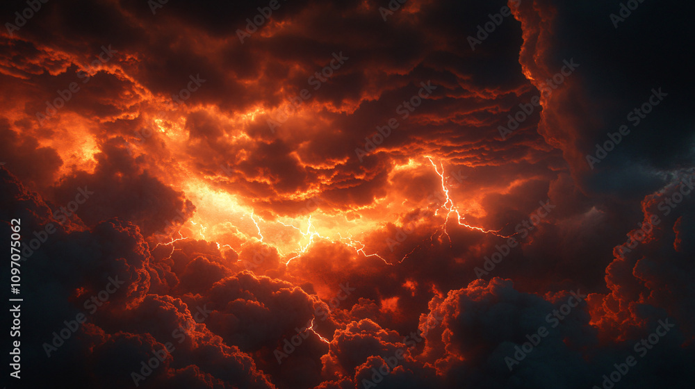 Dramatic red clouds illuminated by lightning in a powerful nighttime thunderstorm Dramatic red clouds illuminated by lightning in a powerful nighttime thunderstorm