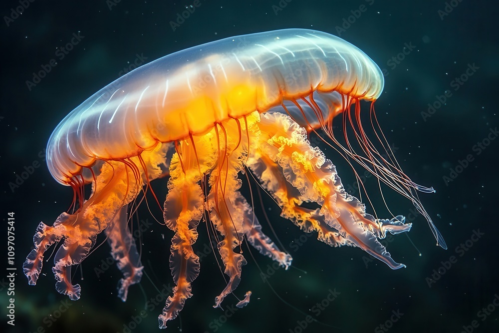 luminescent jellyfish drift gracefully in the ocean depths, their glowing bodies casting ethereal light, creating a mesmerizing underwater scene filled with wonder and intrigue
