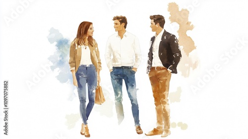 Watercolor Elegance: A portrayal of stylish individuals engaging in conversation, showcasing modern fashion and lifestyle elements through artistic watercolor techniques.