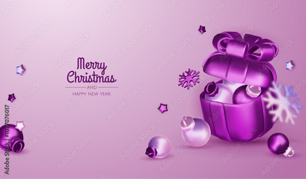 Obraz premium Happy New Year and Merry Christmas. Christmas holiday background with realistic 3d objects, violet and white bauble balls, conical metal stars, gift. Levitation falling design composition.