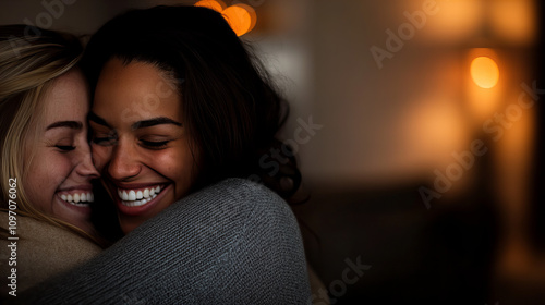 Tall person and shorter friend share a playful and joyful hug indoors during a cozy evening photo