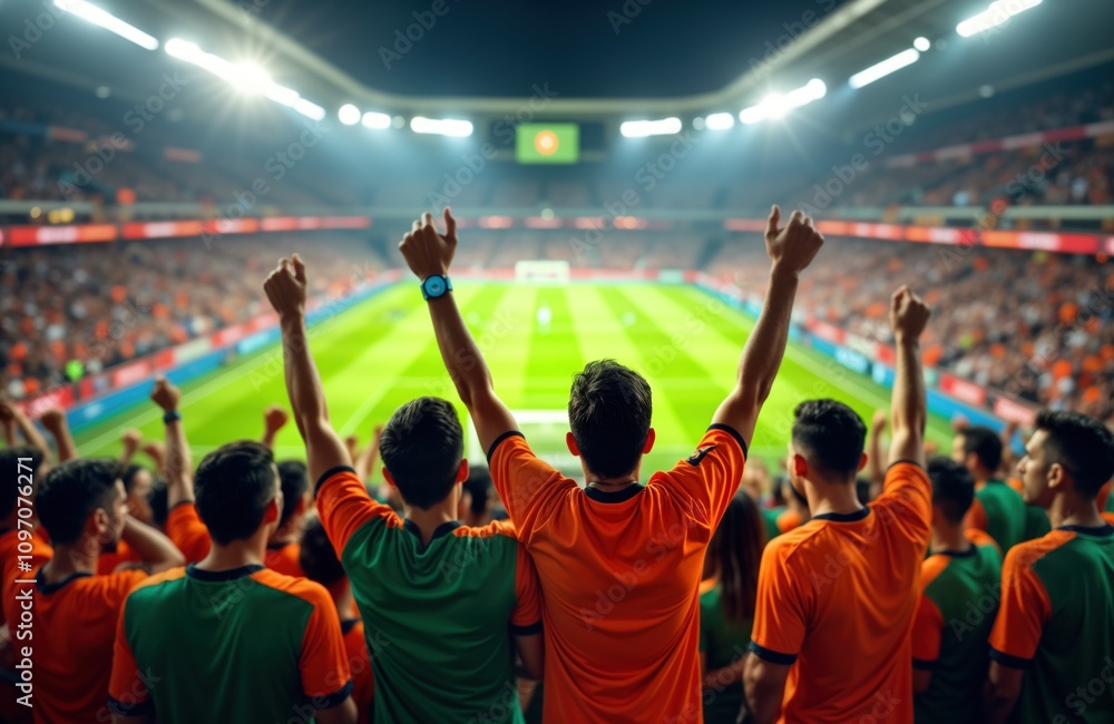 Fototapeta premium Excited football fans cheer at stadium. People celebrate soccer game victory. African team supporters. Orange green jerseys. Huge crowd energy. Passionate fans. International sports event.