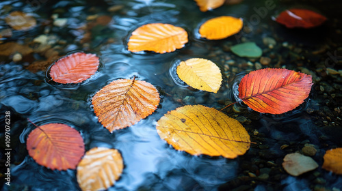 Autumn Leaves Floating on Water
