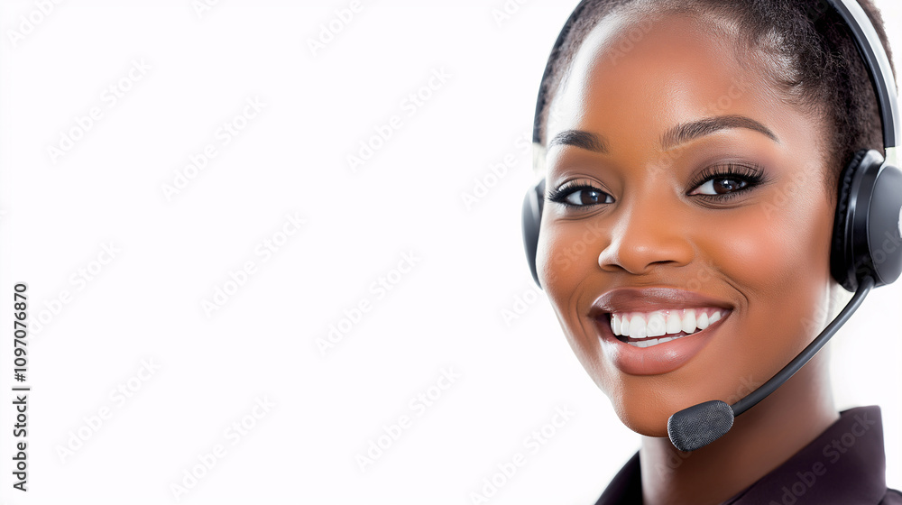 Happy Customer Service Agent Headset Support Help African American Woman Copy Space for Text Happy Customer Service Agent Headset Support Help African American Woman Copy Space for Text