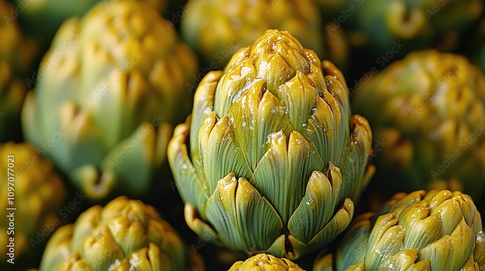 Fototapeta premium Close-up of fresh artichokes with water droplets for culinary inspiration
