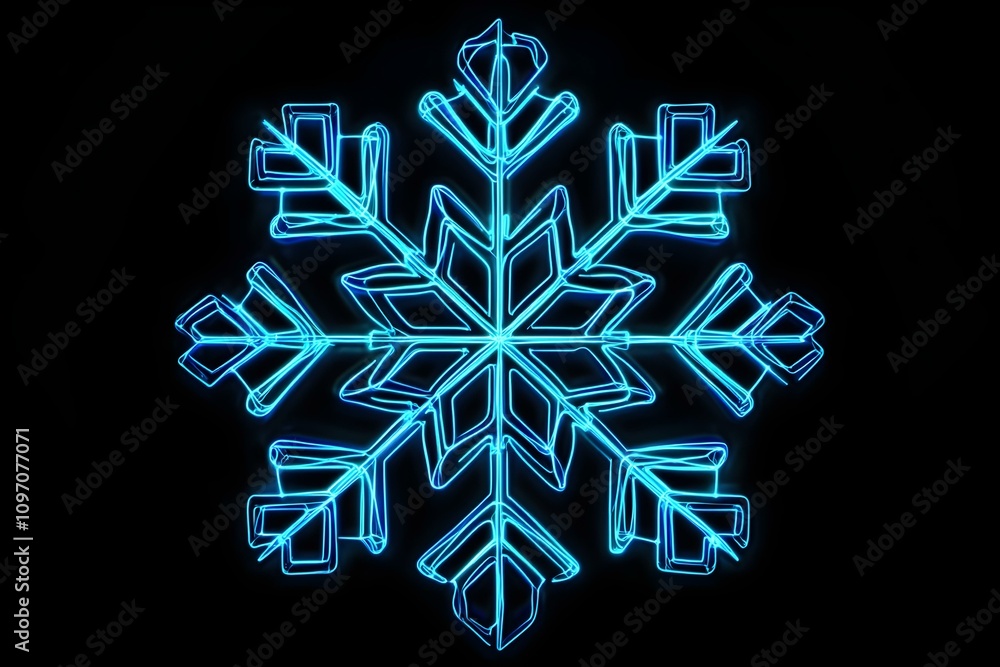 A stunning 3D visualization of a snowflake outlined with neon lights in shades of blue and teal, standing out on a dark backdrop. A stunning 3D visualization of a snowflake outlined with neon lights in shades of blue and teal, standing out on a dark backdrop.