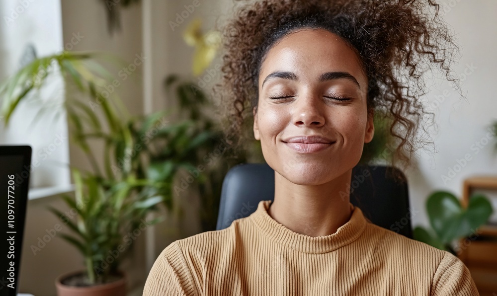 Woman meditating with closed eyes in a natural workspace Woman meditating with closed eyes in a natural workspace