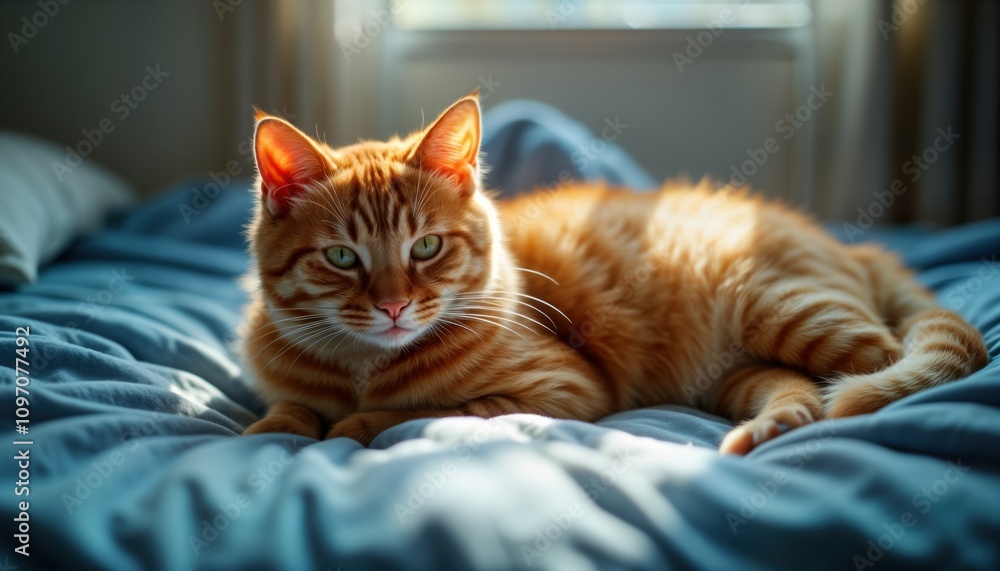 Orange tabby cat rests on blue bed sunlight illuminates fur. Domestic feline animal sleeps peacefully. Cute pet looks relaxed. Kitten enjoys warmth. Brown cat in home bedroom. Orange tabby cat rests on blue bed sunlight illuminates fur. Domestic feline animal sleeps peacefully. Cute pet looks relaxed. Kitten enjoys warmth. Brown cat in home bedroom.