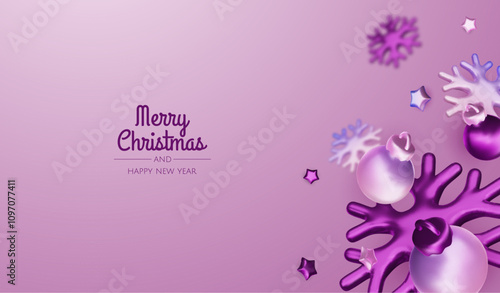 Happy New Year and Merry Christmas. Christmas holiday background with realistic 3d objects, violet and white bauble balls, conical metal stars, gift. Levitation falling design composition.