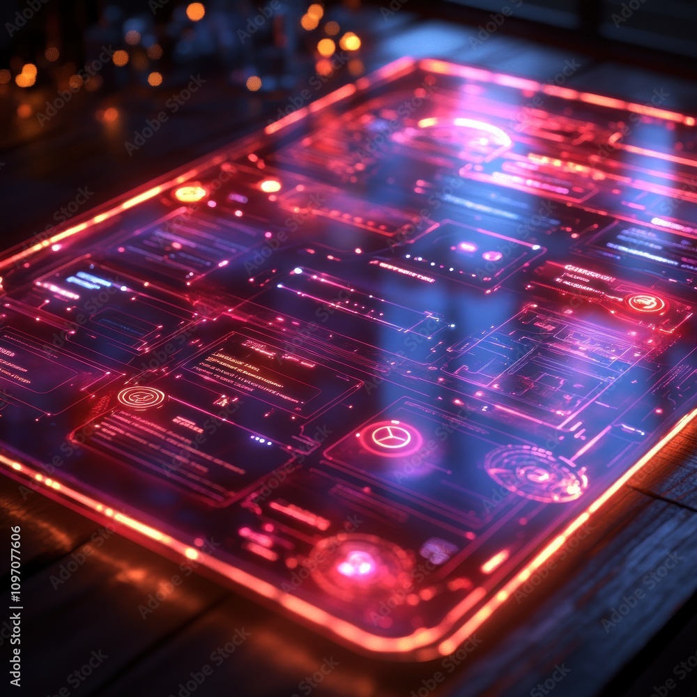 A glowing, futuristic interface displaying various digital elements and data panels. A glowing, futuristic interface displaying various digital elements and data panels.