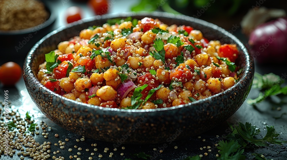 Vibrant quinoa and chickpea salad with fresh herbs and cherry tomatoes Vibrant quinoa and chickpea salad with fresh herbs and cherry tomatoes