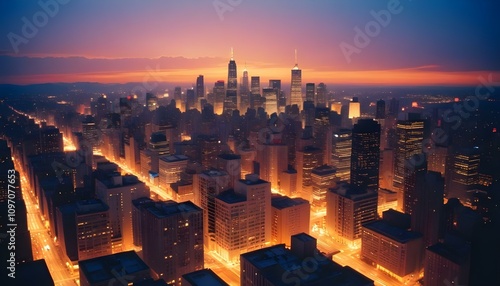 Una vista panorámica del bullicioso horizonte de la ciudad al atardecer. El paisaje urbano está lleno de altos rascacielos y edificios iluminados por el cálido resplandor del sol poniente. photo