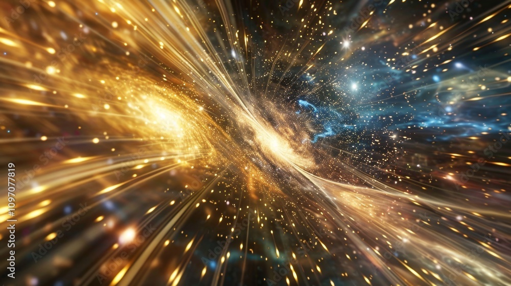 A bright yellow and blue galaxy with a black background. The galaxy is filled with stars and has a spiral shape A bright yellow and blue galaxy with a black background. The galaxy is filled with stars and has a spiral shape