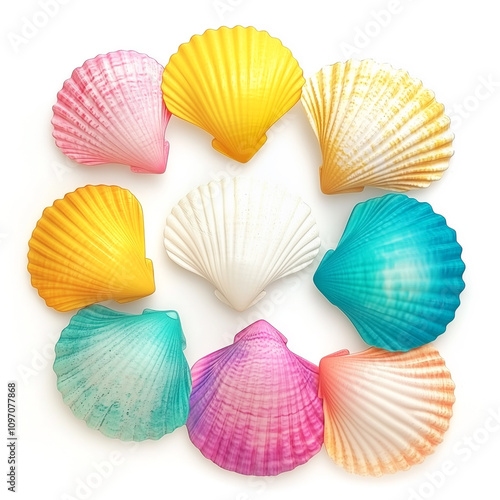 Colorful shells arranged in a circular pattern showcasing vibrant hues and textures photo