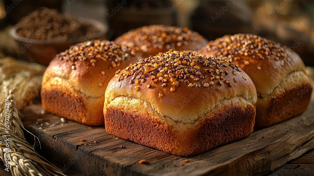 Freshly baked loaves with seed toppings on rustic wooden board Freshly baked loaves with seed toppings on rustic wooden board