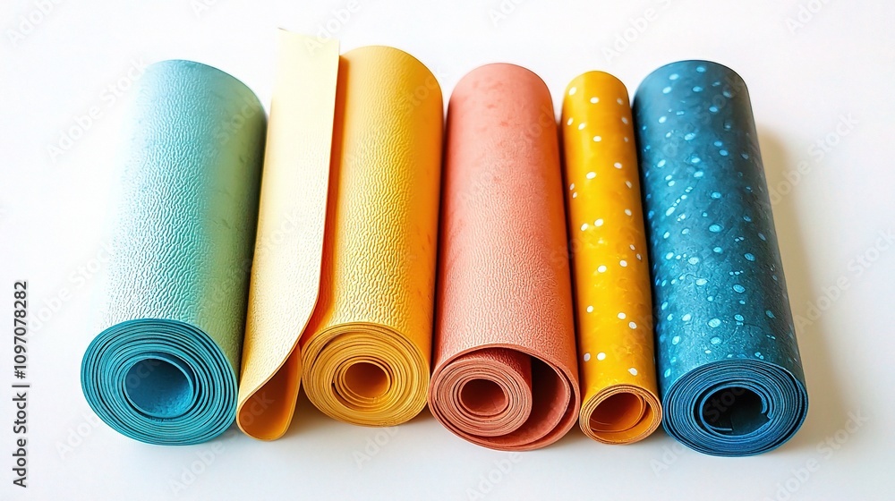 Colorful Rolled Yoga Mats Isolated on White Background Colorful Rolled Yoga Mats Isolated on White Background