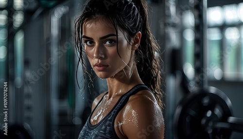 Focused athletic woman sweating intensely in gym, fitness motivation, sports ad banner