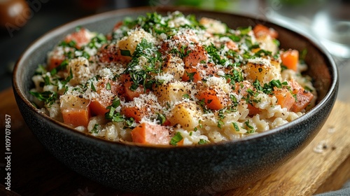 Delicious creamy risotto with vegetables and cheese garnish on rustic wooden table