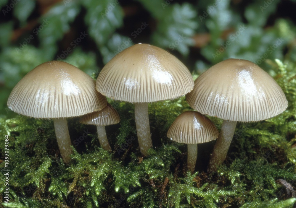 A cluster of mushrooms growing on moss in a natural setting. A cluster of mushrooms growing on moss in a natural setting.