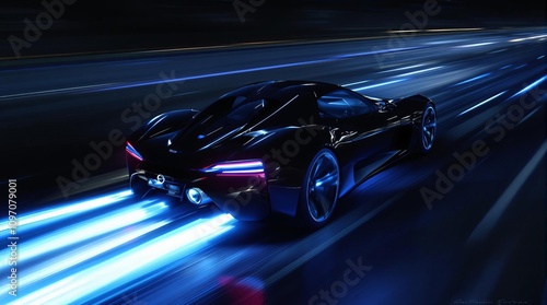 Futuristic black sports car speeding on neon-lit road, perfect for tech-themed posters