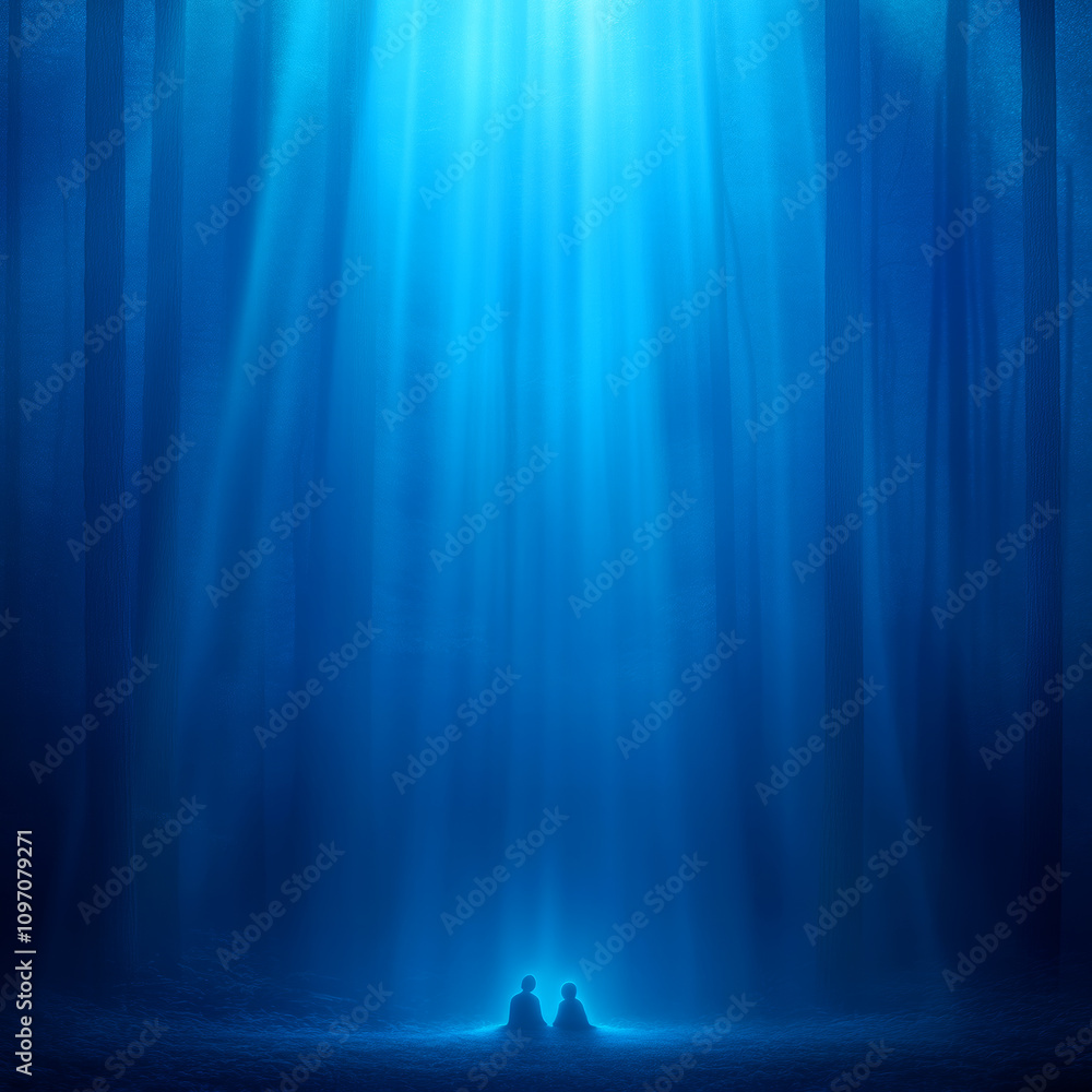 Two figures in serene blue light under a forest canopy create a tranquil atmosphere of connection Two figures in serene blue light under a forest canopy create a tranquil atmosphere of connection