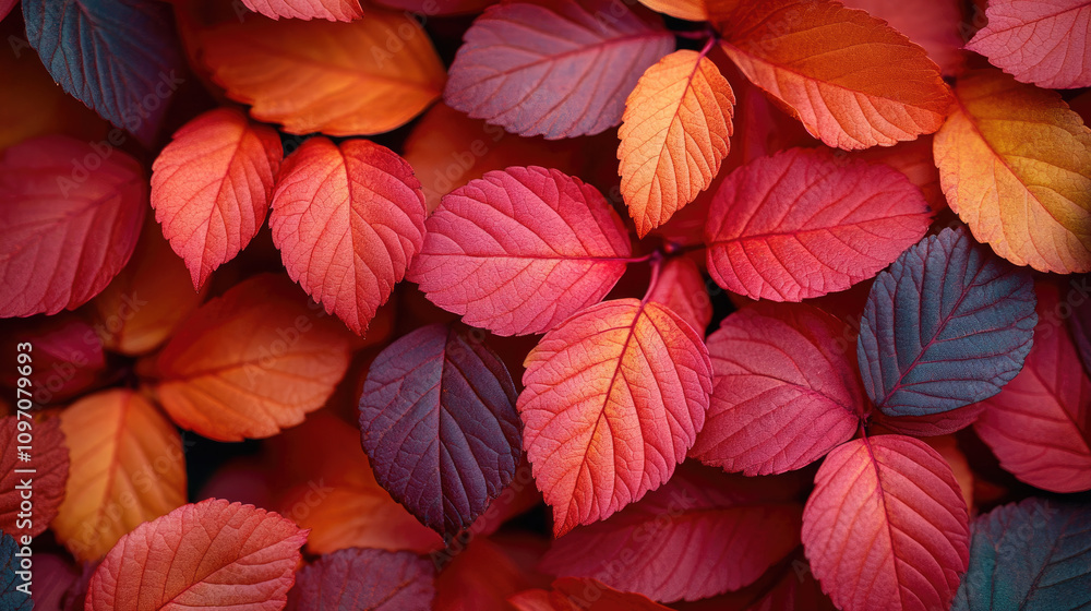 Fototapeta premium Autumn Leaves Background, Red and Purple Fall Foliage Texture