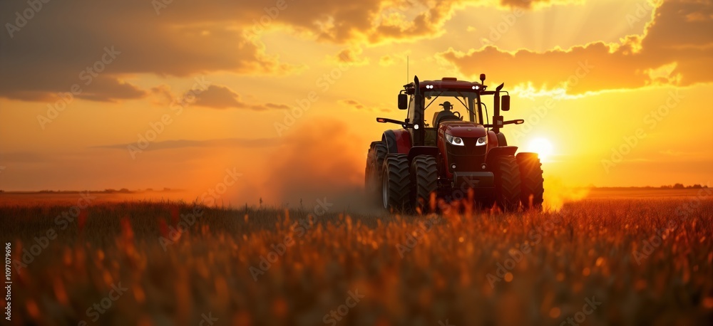 Fototapeta premium Red tractor plows field at sunset. Farmer drives powerful machine across golden crop. Dust rises behind vehicle. Rural agriculture scene. Farm equipment in countryside.