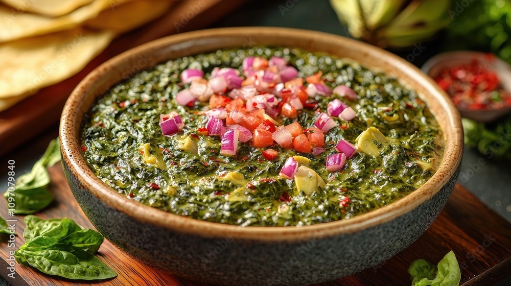 Creamy spinach mexican dip with avocado and fresh salsa garnish Creamy spinach mexican dip with avocado and fresh salsa garnish