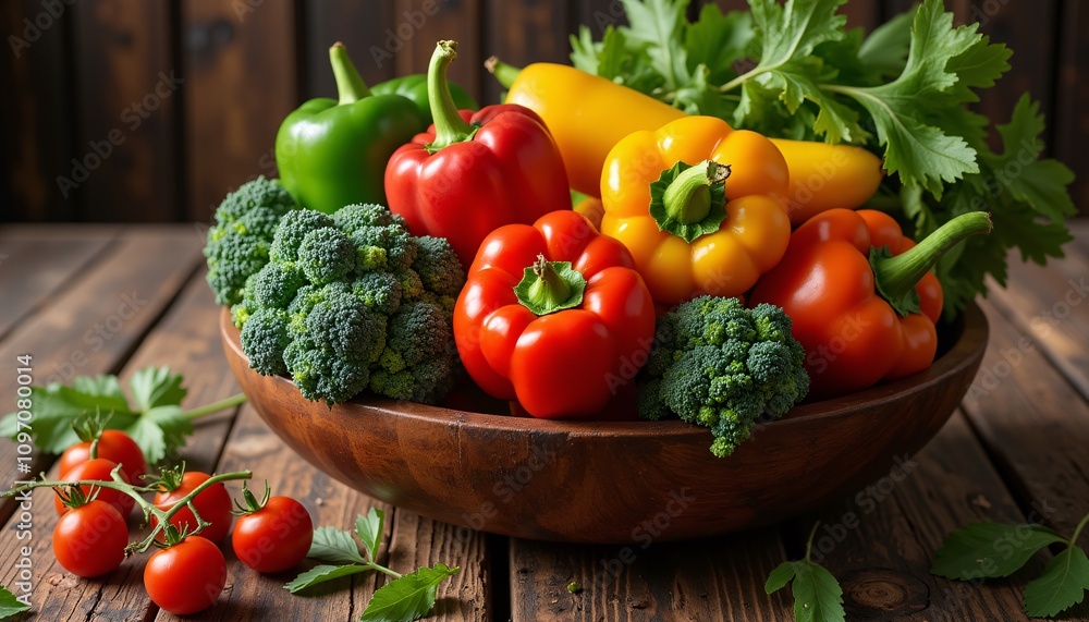 A wood bowl filled with freshly picked summer colourful vegetables, aromatic herbs and spices on a wood tabletop. The concept of healthy and tasty food. Background for menu, post, card, banner A wood bowl filled with freshly picked summer colourful vegetables, aromatic herbs and spices on a wood tabletop. The concept of healthy and tasty food. Background for menu, post, card, banner