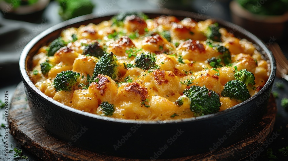 Cheesy broccoli macaroni bake in rustic skillet with golden-brown crust Cheesy broccoli macaroni bake in rustic skillet with golden-brown crust