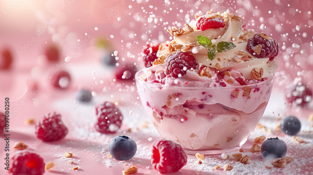 Side view of transparent glass bowl with dessert on pink backgrounds Side view of transparent glass bowl with dessert on pink backgrounds