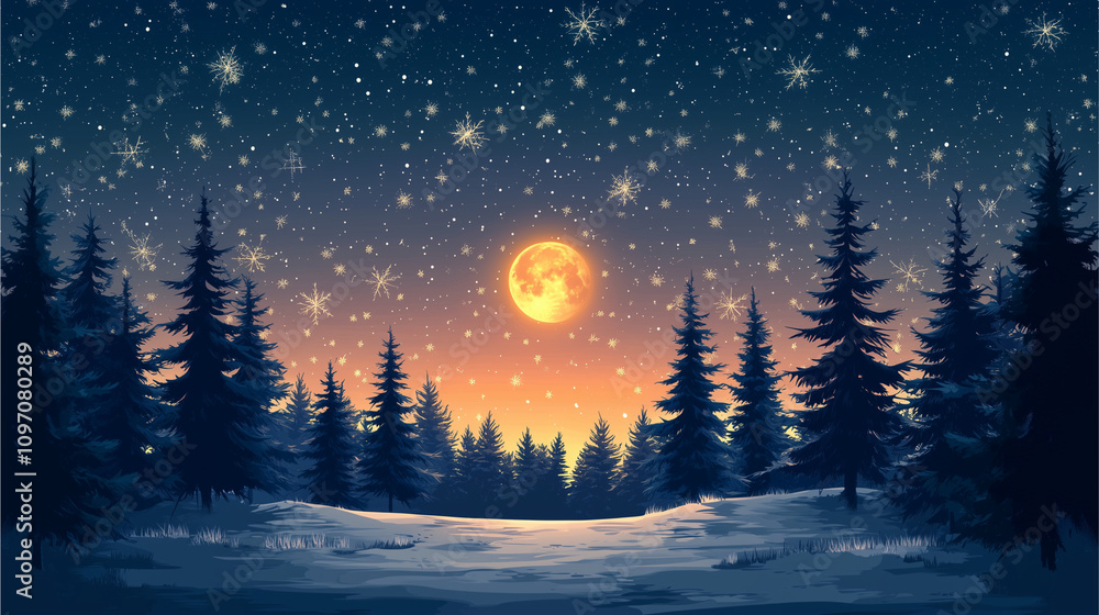 Fototapeta premium Winter Night's Embrace: A full moon casts a warm, orange glow over a snow-covered forest, creating a serene and magical winter scene. The starry sky adds to the enchanting atmosphere. 