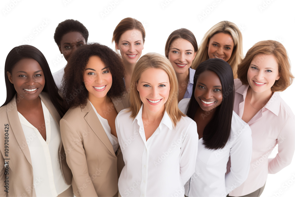 Group of smiling interracial businesswomen in suits on transparent background. Group of businesswomen attract each other. Rich women. Business leader. Startup boss. Isolated image. PNG cutout. Group of smiling interracial businesswomen in suits on transparent background. Group of businesswomen attract each other. Rich women. Business leader. Startup boss. Isolated image. PNG cutout.