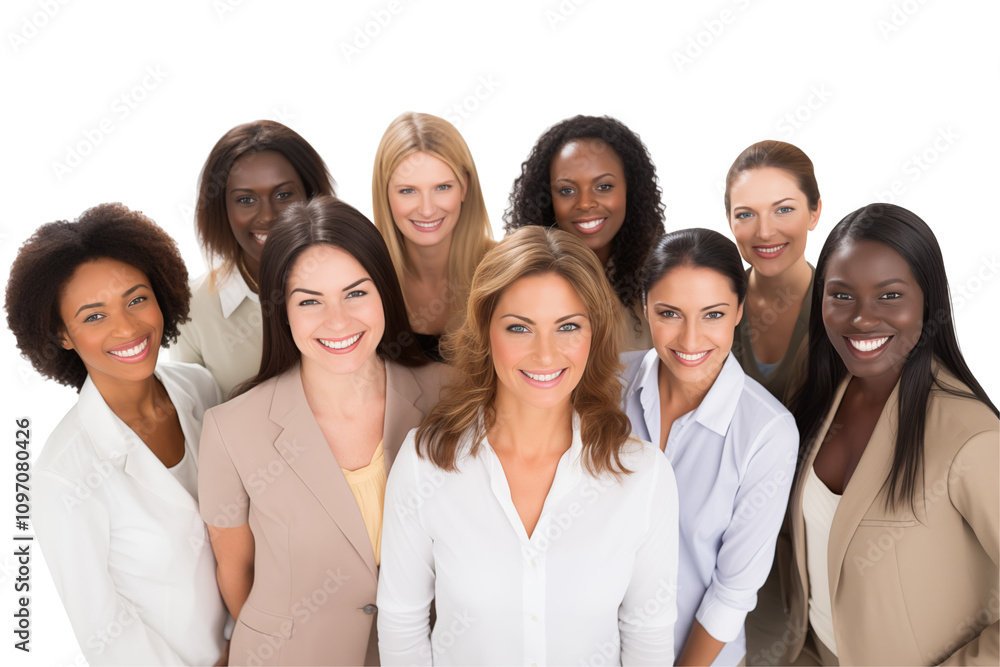 Group of smiling interracial businesswomen in suits on transparent background. Group of businesswomen attract each other. Rich women. Business leader. Startup boss. Isolated image. PNG cutout. Group of smiling interracial businesswomen in suits on transparent background. Group of businesswomen attract each other. Rich women. Business leader. Startup boss. Isolated image. PNG cutout.