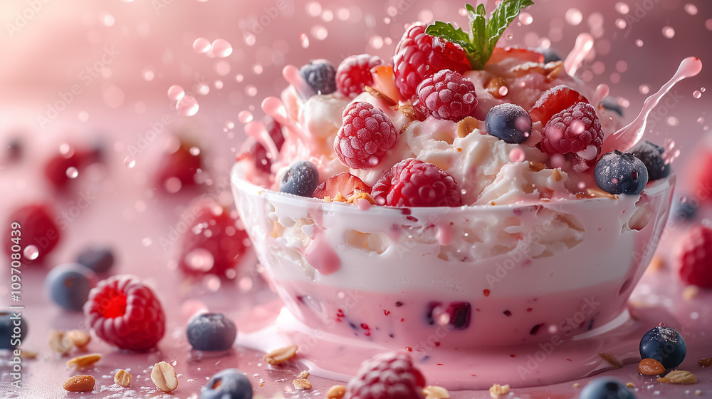 Side view of fruit dessert with yogurt on pink backgrounds Side view of fruit dessert with yogurt on pink backgrounds