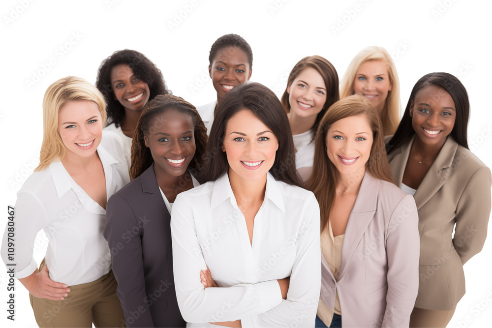 Group of smiling interracial businesswomen in suits on transparent background. Group of businesswomen attract each other. Rich women. Business leader. Startup boss. Isolated image. PNG cutout. Group of smiling interracial businesswomen in suits on transparent background. Group of businesswomen attract each other. Rich women. Business leader. Startup boss. Isolated image. PNG cutout.