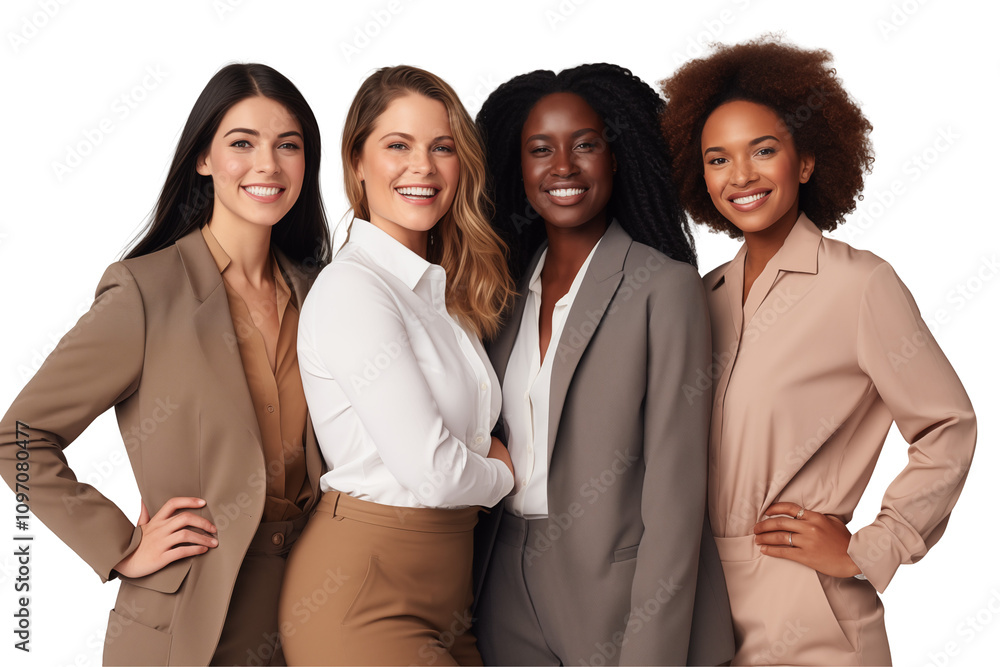 Group of smiling interracial businesswomen in suits on transparent background. Group of businesswomen attract each other. Rich women. Business leader. Startup boss. Isolated image. PNG cutout. Group of smiling interracial businesswomen in suits on transparent background. Group of businesswomen attract each other. Rich women. Business leader. Startup boss. Isolated image. PNG cutout.