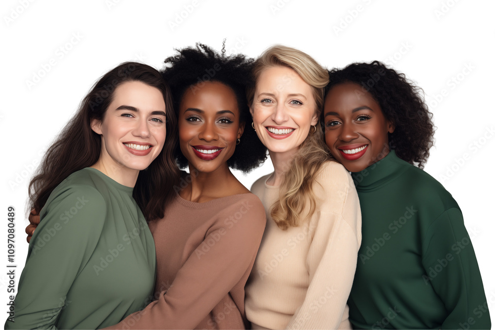 Obraz premium Group of smiling interracial businesswomen in suits on transparent background. Group of businesswomen attract each other. Rich women. Business leader. Startup boss. Isolated image. PNG cutout.