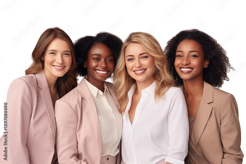 Group of smiling interracial businesswomen in suits on transparent background. Group of businesswomen attract each other. Rich women. Business leader. Startup boss. Isolated image. PNG cutout. Group of smiling interracial businesswomen in suits on transparent background. Group of businesswomen attract each other. Rich women. Business leader. Startup boss. Isolated image. PNG cutout.