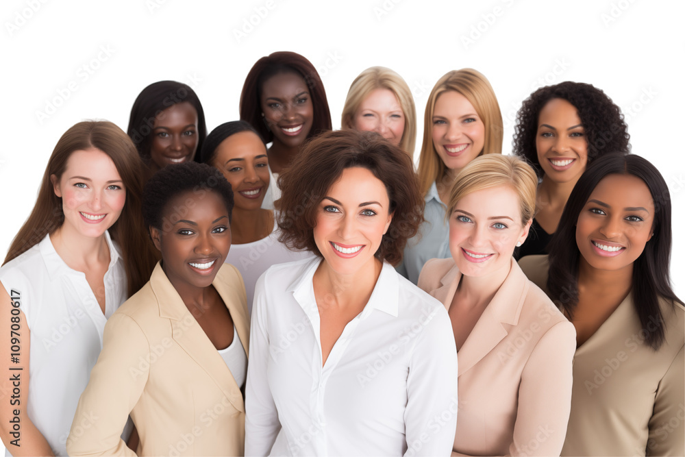 Group of smiling interracial businesswomen in suits on transparent background. Group of businesswomen attract each other. Rich women. Business leader. Startup boss. Isolated image. PNG cutout.