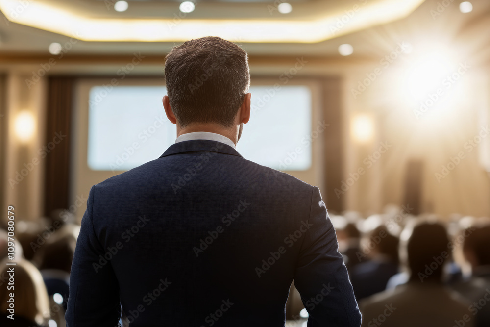 Rear view of a businessman in a crowded conference room with a blank screen in the background. Rear view of a businessman in a crowded conference room with a blank screen in the background.