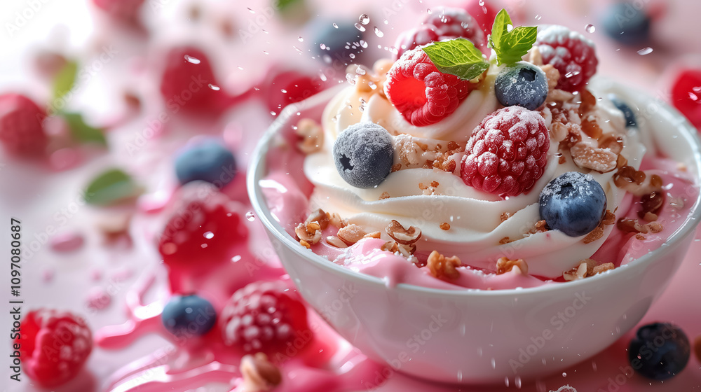 Topping Fruits Splashing into Ice Cream Dessert on Soft Pink Background Topping Fruits Splashing into Ice Cream Dessert on Soft Pink Background