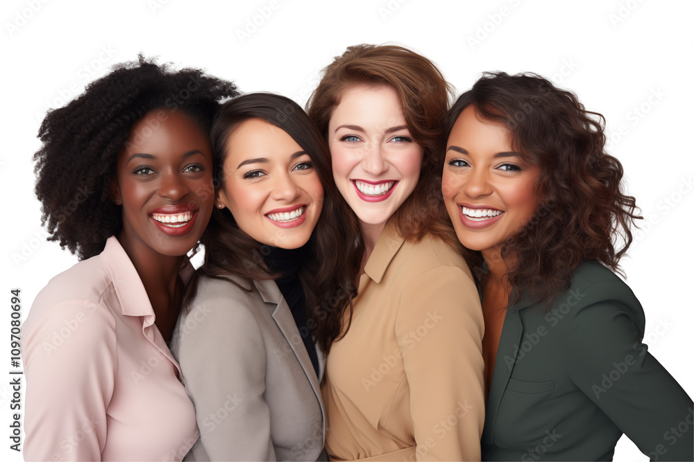 Fototapeta premium Group of smiling interracial businesswomen in suits on transparent background. Group of businesswomen attract each other. Rich women. Business leader. Startup boss. Isolated image. PNG cutout.