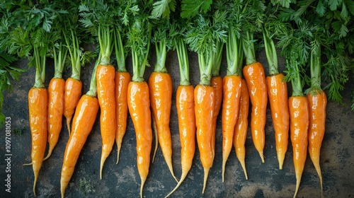 Freshly harvested carrots with lush green tops on rustic background