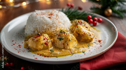 Cozy plate of creamy coconut chicken in golden curry sauce with fluffy rice and festive decor